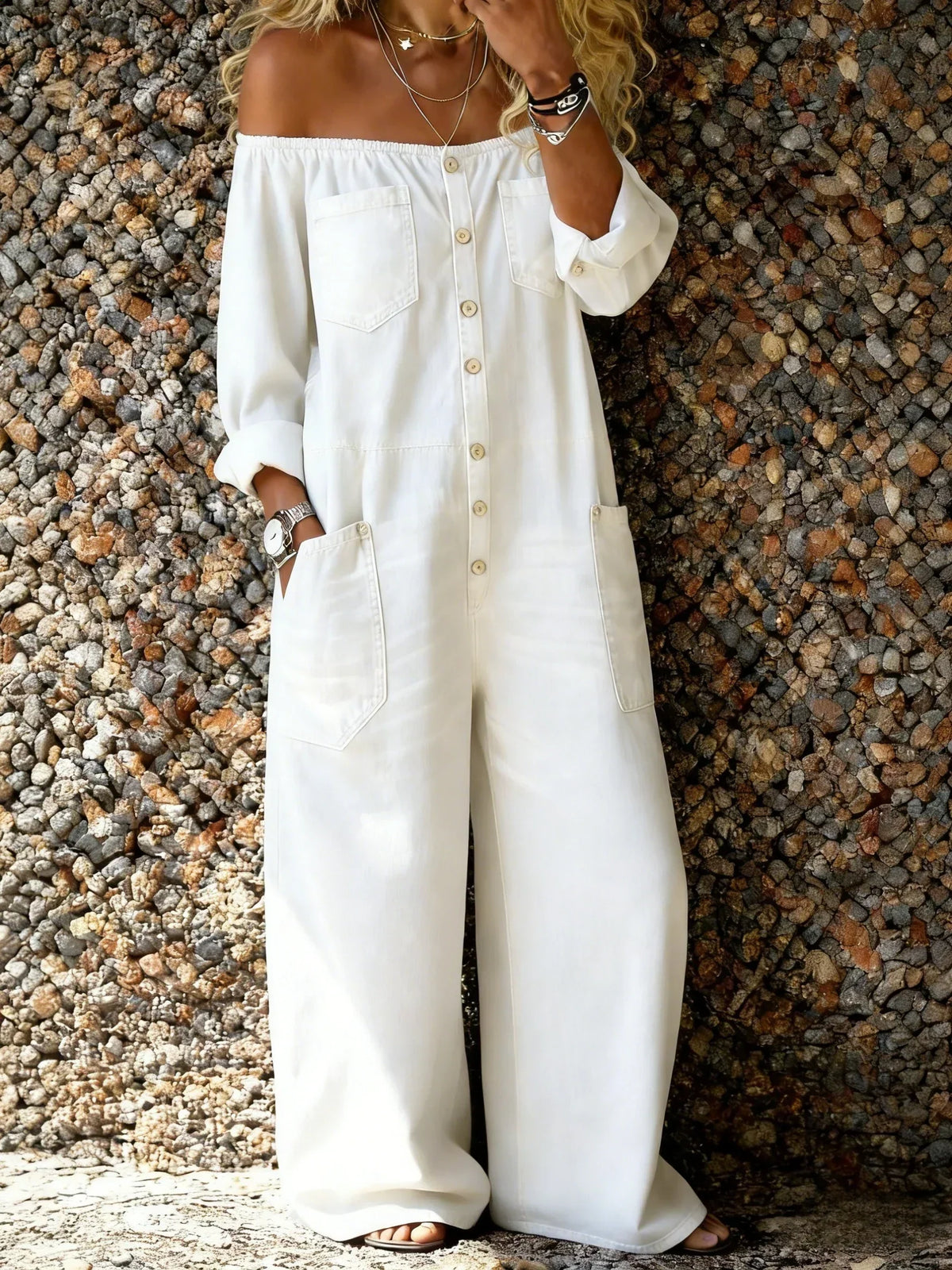 Belvenza | Tuta in Denim Off-Shoulder con Vestibilità Ampia