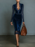 Belvenza | Abito Midi in Velluto Blu Scuro con Pizzo