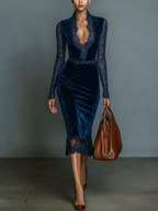 Belvenza | Abito Midi in Velluto Blu Scuro con Pizzo