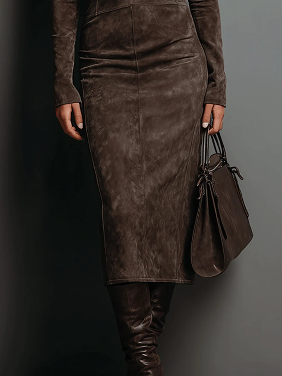 Belvenza | Abito Midi in Suede con Maniche Lunghe