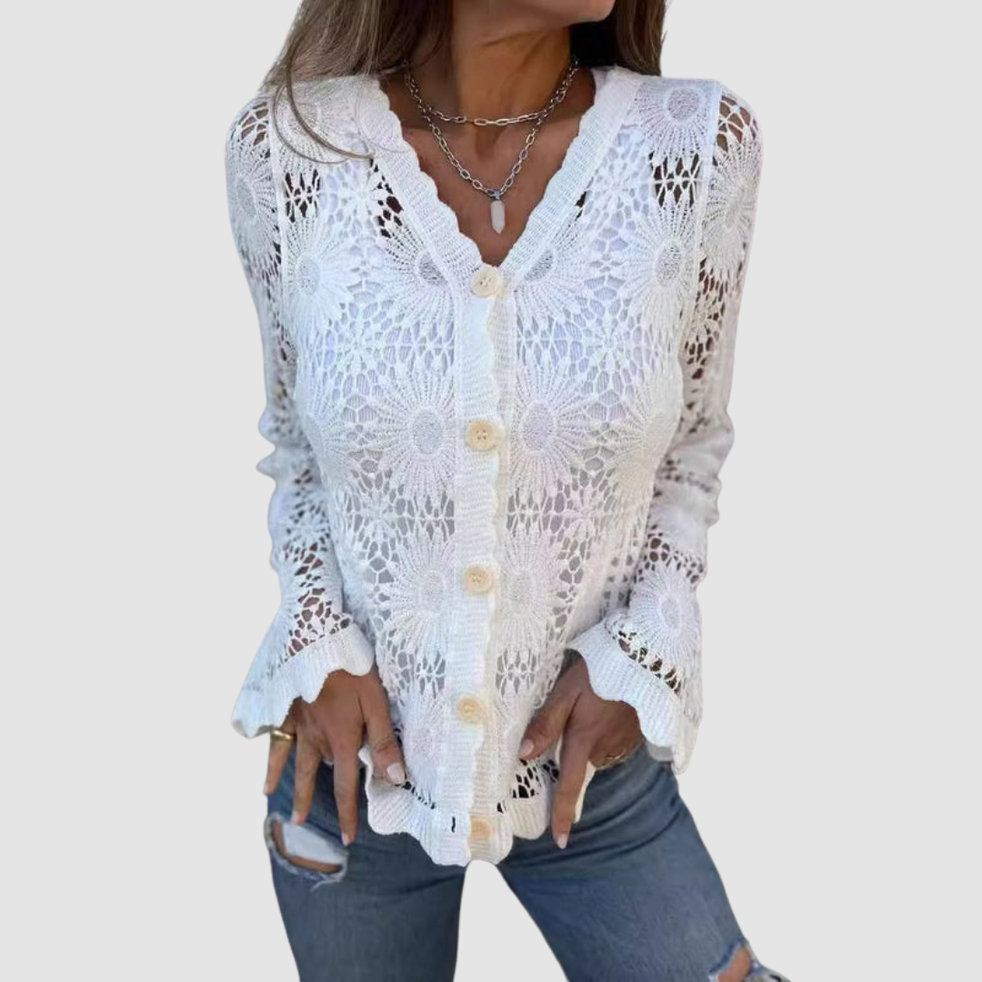 Belvenza | Cardigan in Pizzo Bianco con Scollatura a V