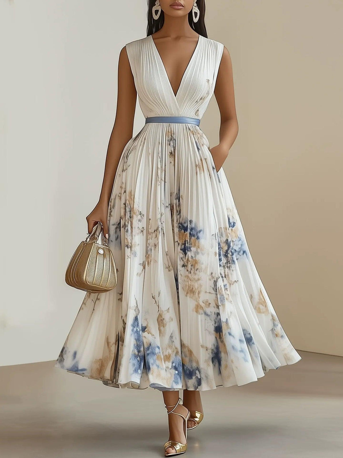Belvenza | Vestito Midi Plissettato in Chiffon Floreale Bianco