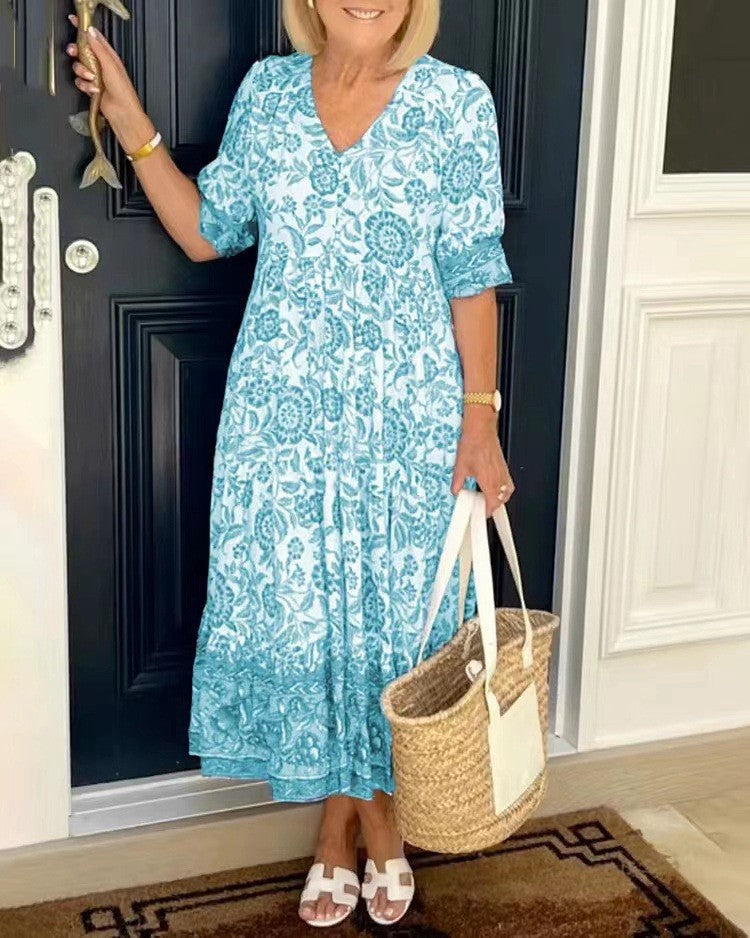 Belvenza | Vestito Elegante con Scollo a V e Motivo Floreale