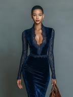 Belvenza | Abito Midi in Velluto Blu Scuro con Pizzo