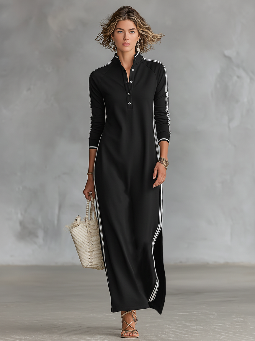 Belvenza | Abito Maxidress in Felpa Grigia con Collo a Bottone