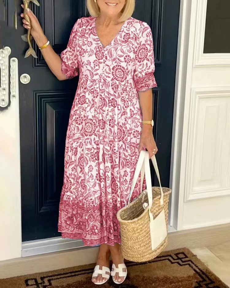 Belvenza | Vestito Elegante con Scollo a V e Motivo Floreale