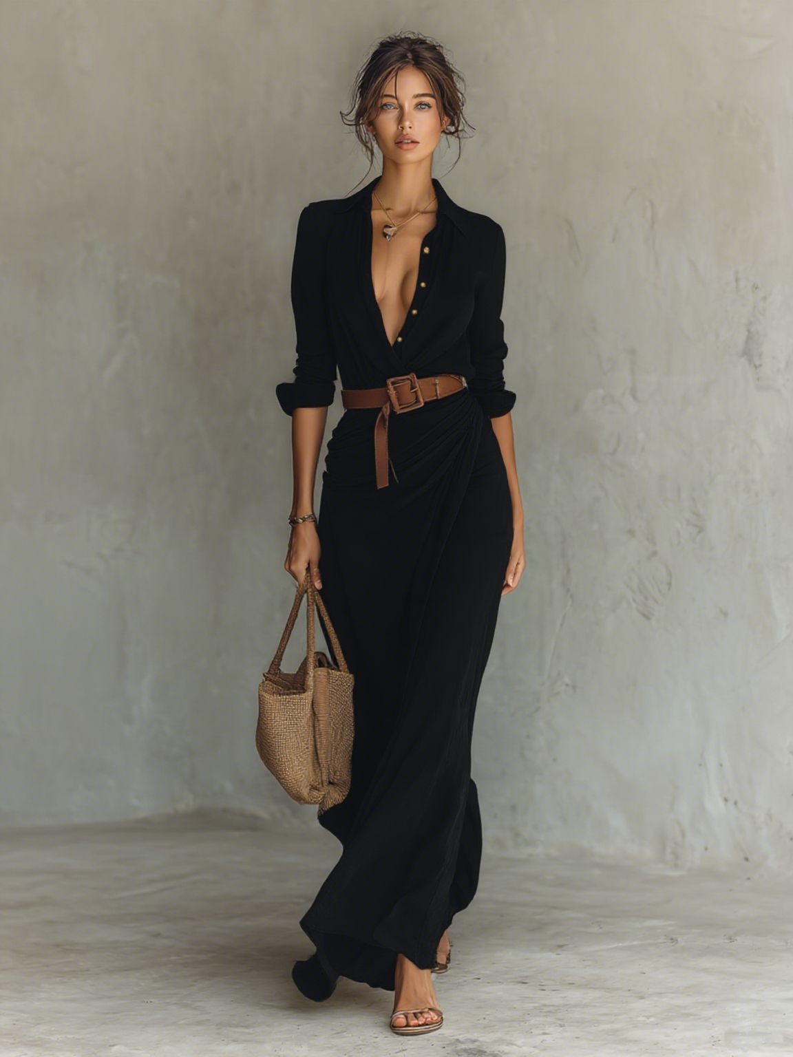 Belvenza | Maxi Abito con Collo a Revers e Maniche Lunghe