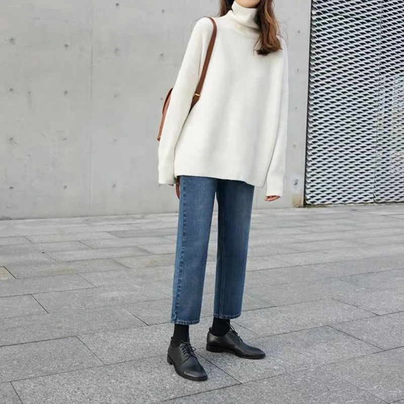 Belvenza | Maglione con Collo Alto in Cotone Grigio