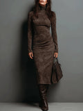 Belvenza | Abito Midi in Suede con Maniche Lunghe