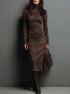 Belvenza | Abito Midi in Suede con Maniche Lunghe