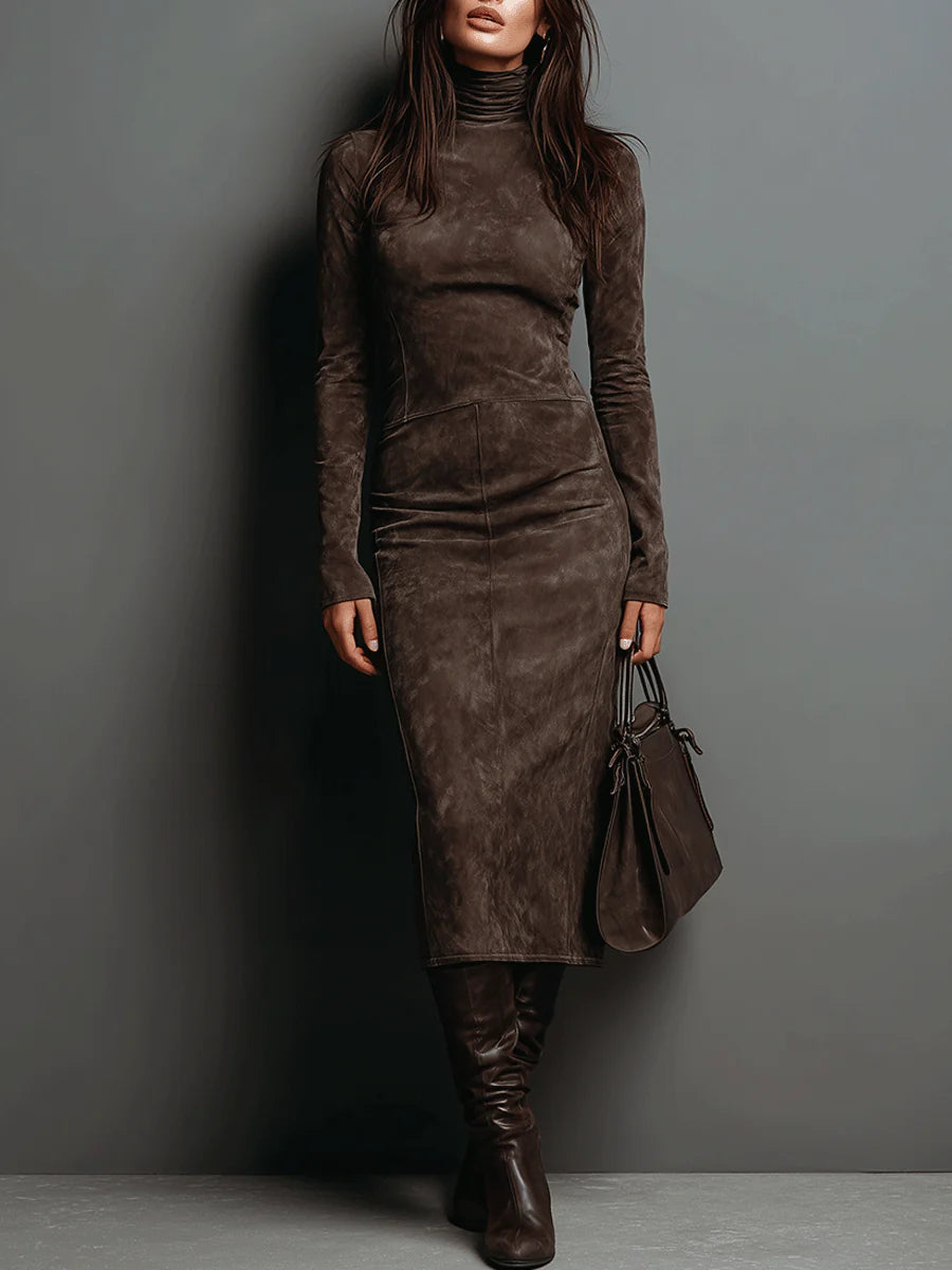 Belvenza | Abito Midi in Suede con Maniche Lunghe
