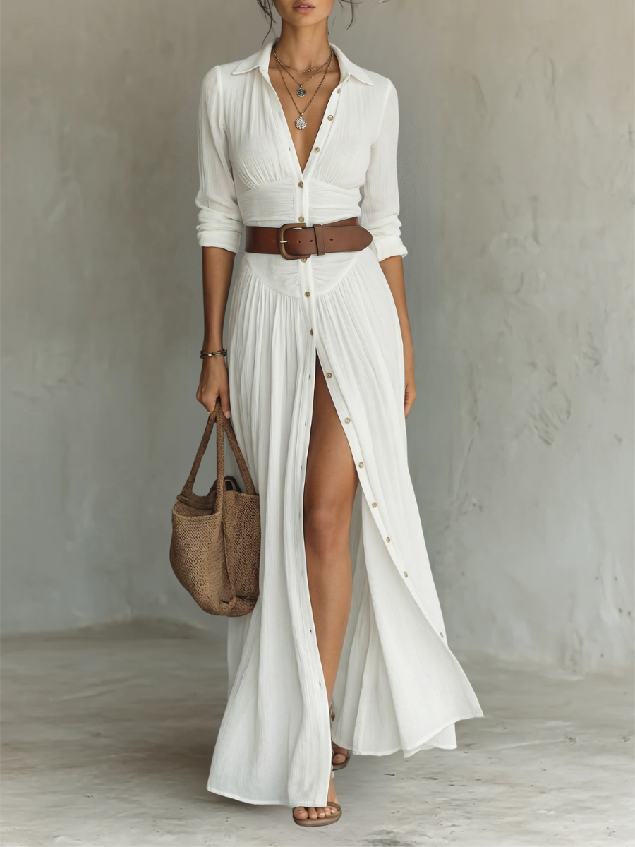 Belvenza | Vestito Maxi Plissettato in Lino Bianco