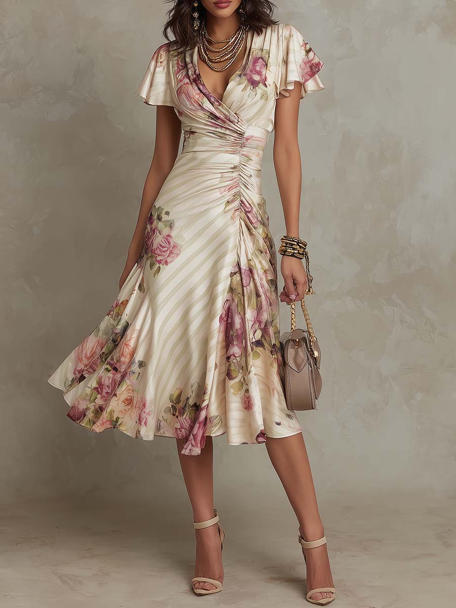 Belvenza | Vestito Midi in Satin Floreale Vintage