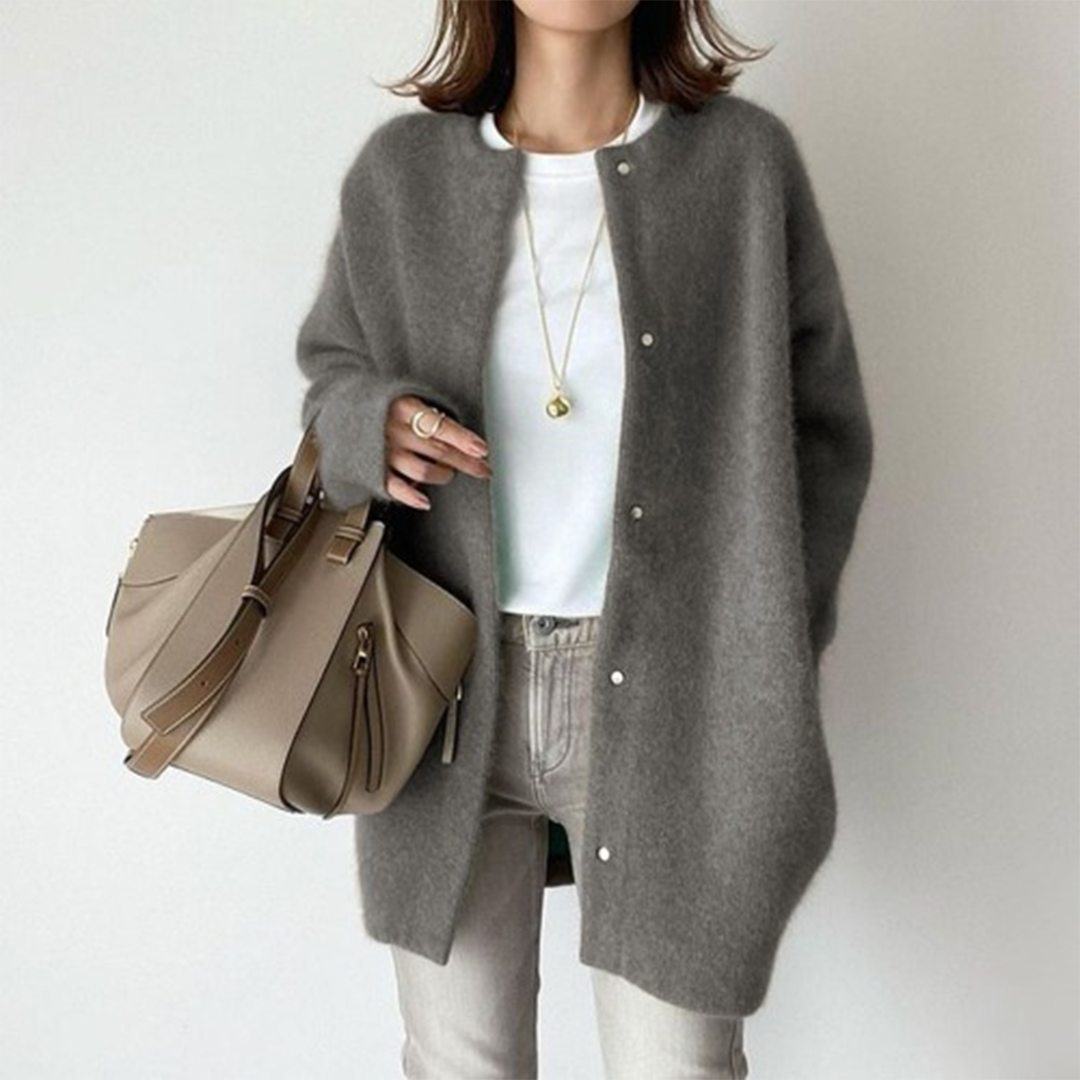 Belvenza | Cardigan-Cappotto Elegante in Lana Grigia