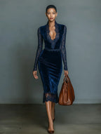 Belvenza | Abito Midi in Velluto Blu Scuro con Pizzo