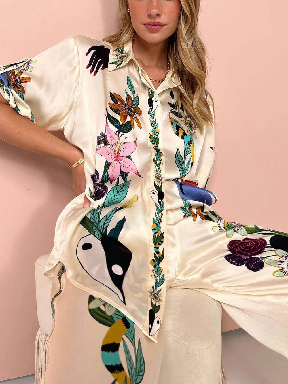 Belvenza | Set Camicia e Pantaloni in Satin con Stampa Unica