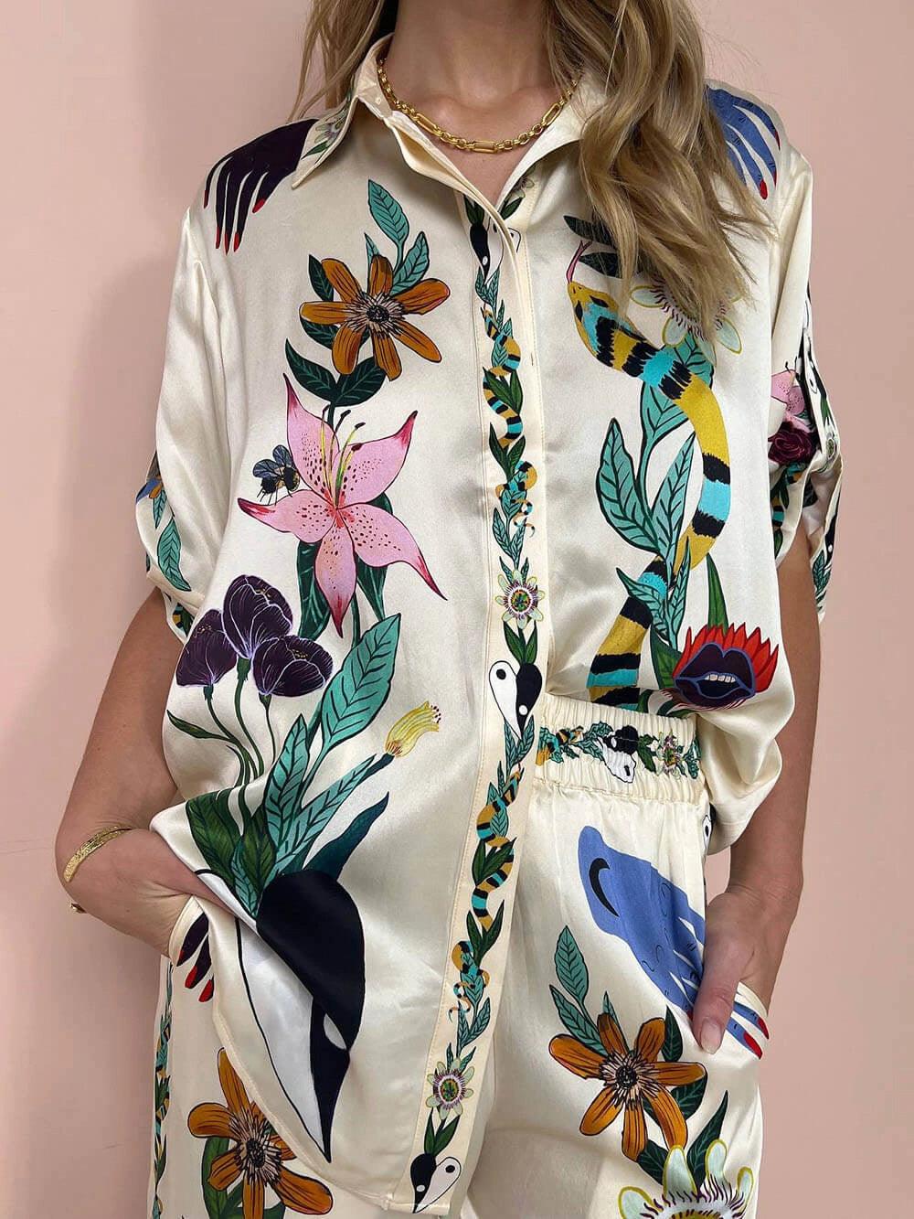 Belvenza | Set Camicia e Pantaloni in Satin con Stampa Unica