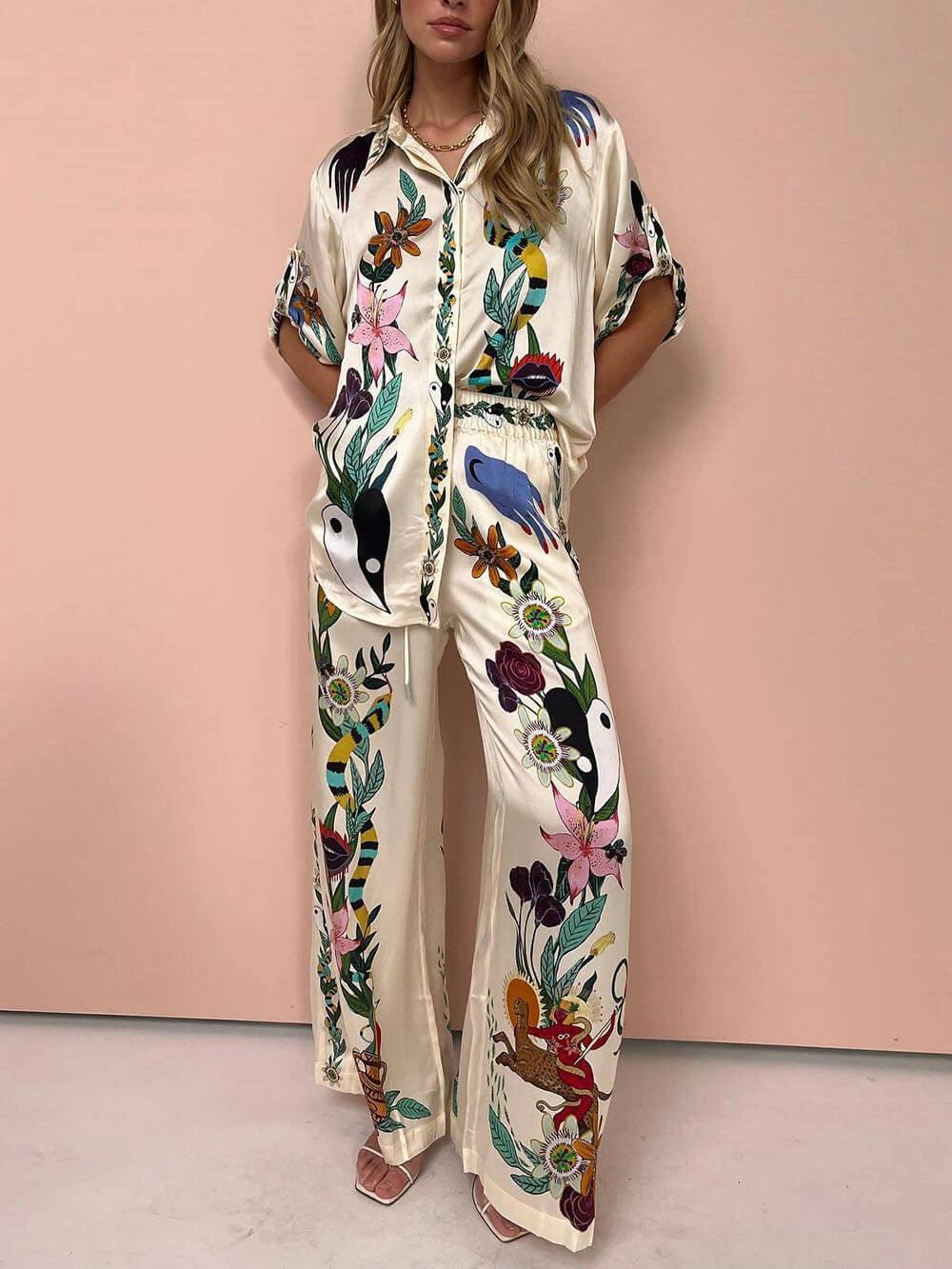 Belvenza | Set Camicia e Pantaloni in Satin con Stampa Unica