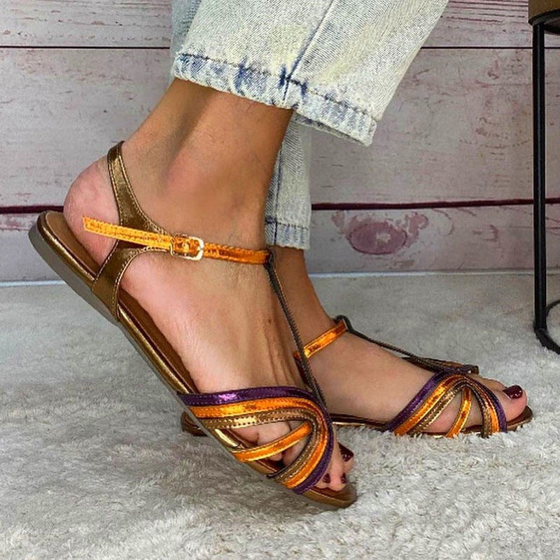 Belvenza | Sandali Piatto con T-Strap Beige