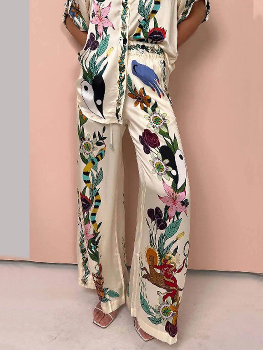 Belvenza | Set Camicia e Pantaloni in Satin con Stampa Unica