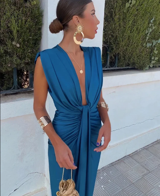 Belvenza | Abito Plissettato Elegante in Seta Blu