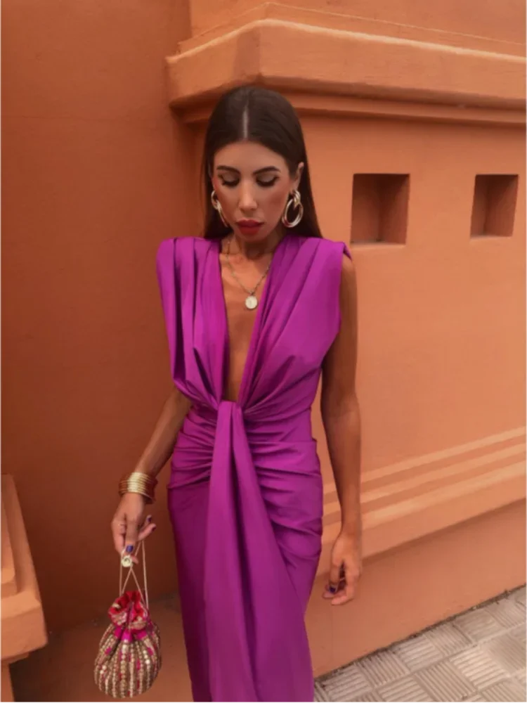 Belvenza | Abito Plissettato Elegante in Seta Blu