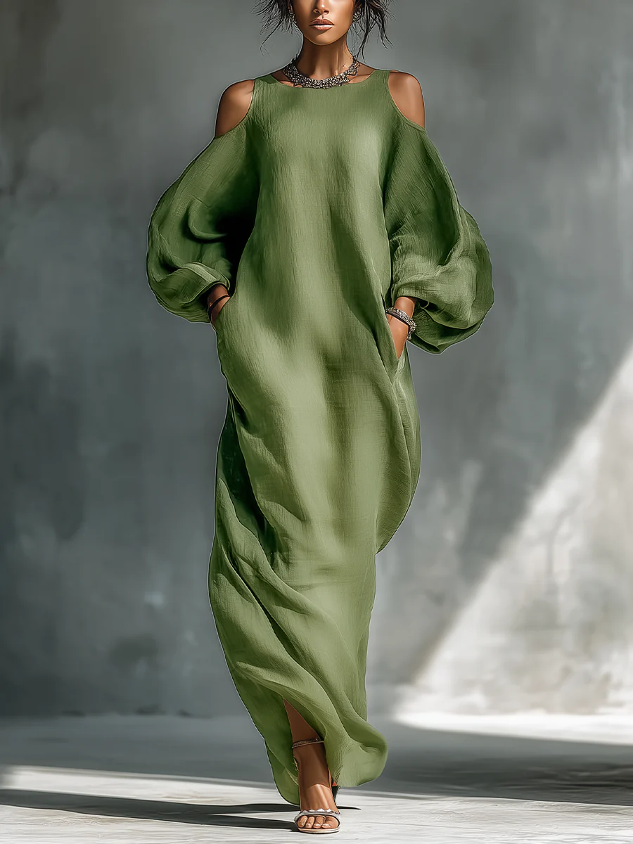Belvenza | Maxi Abito Verde con Spalle Scoperte e Maniche a Palloncino