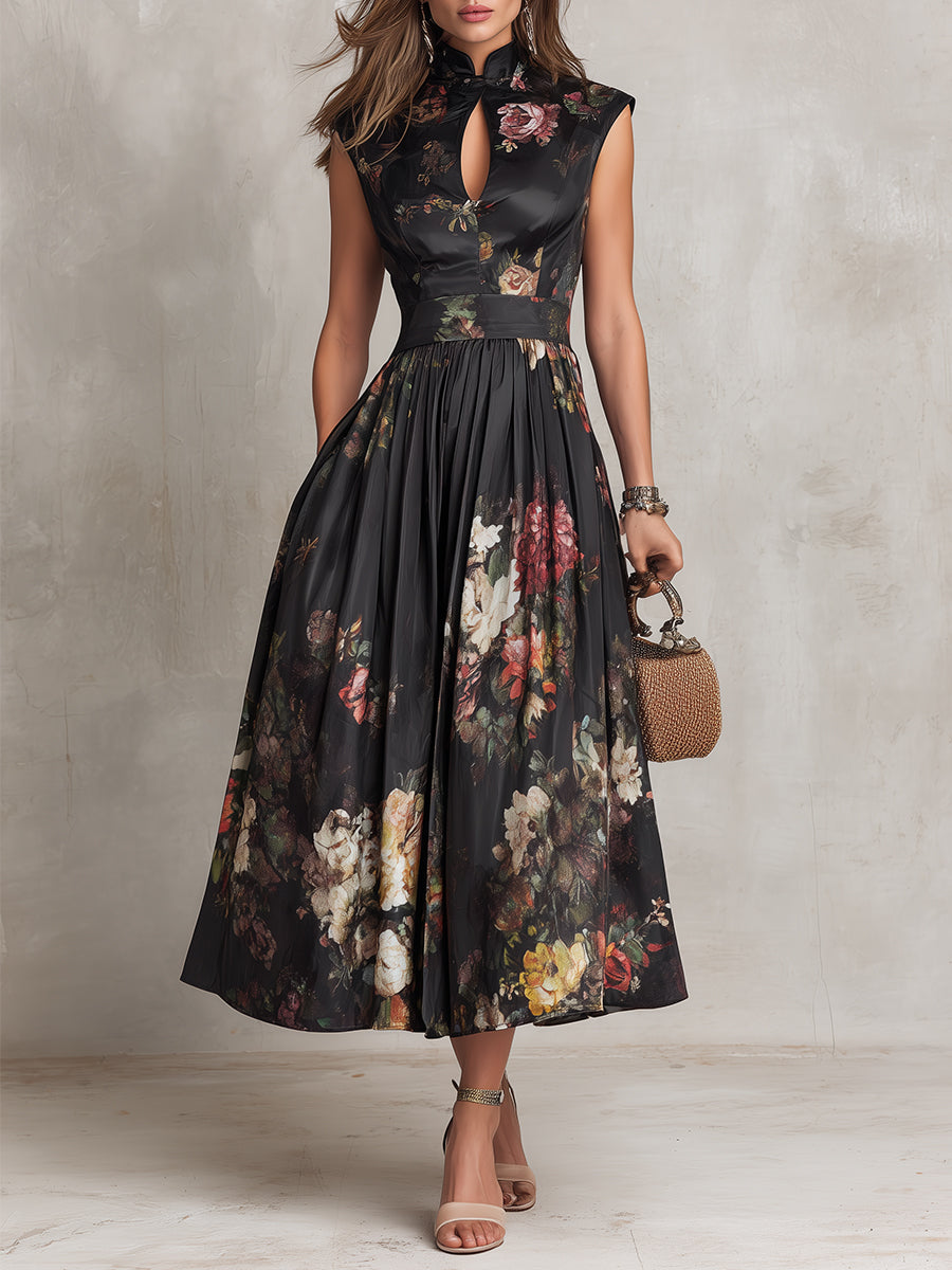 Belvenza | Vestito Midi in Satin con Fiori Neri