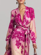 Belvenza | Abito Maxi a V con Fiori e Cintura