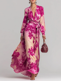 Belvenza | Abito Maxi a V con Fiori e Cintura