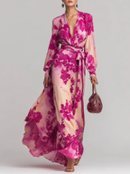 Belvenza | Abito Maxi a V con Fiori e Cintura