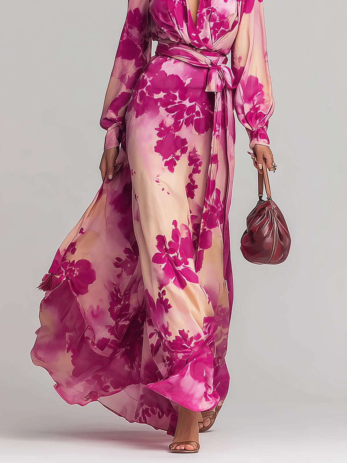 Belvenza | Abito Maxi a V con Fiori e Cintura