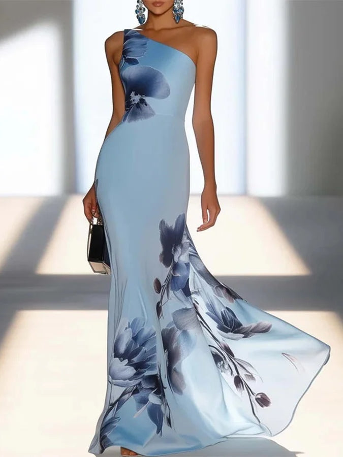Belvenza | Vestito Maxy Off-Shoulder in Satinato Stampa