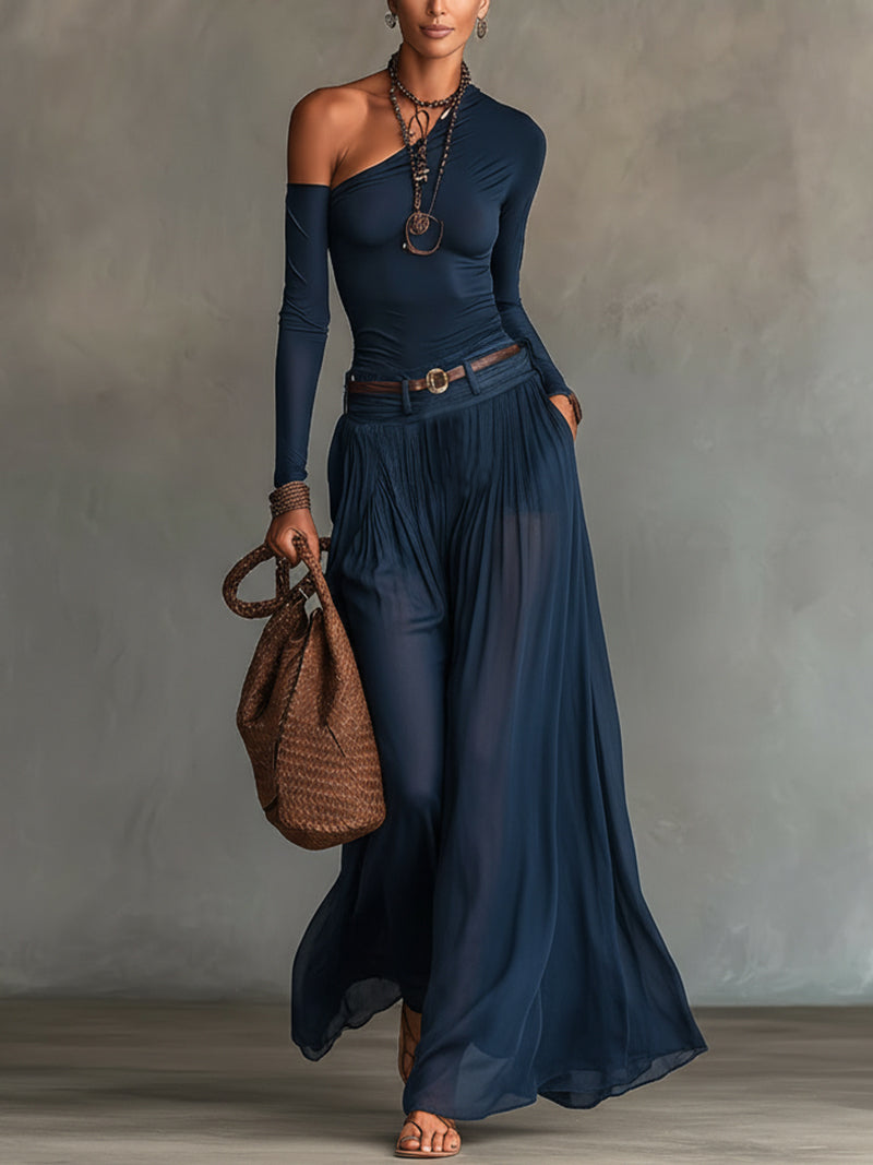 Belvenza | Top e Gonna a Spalla Unica Blu Marino