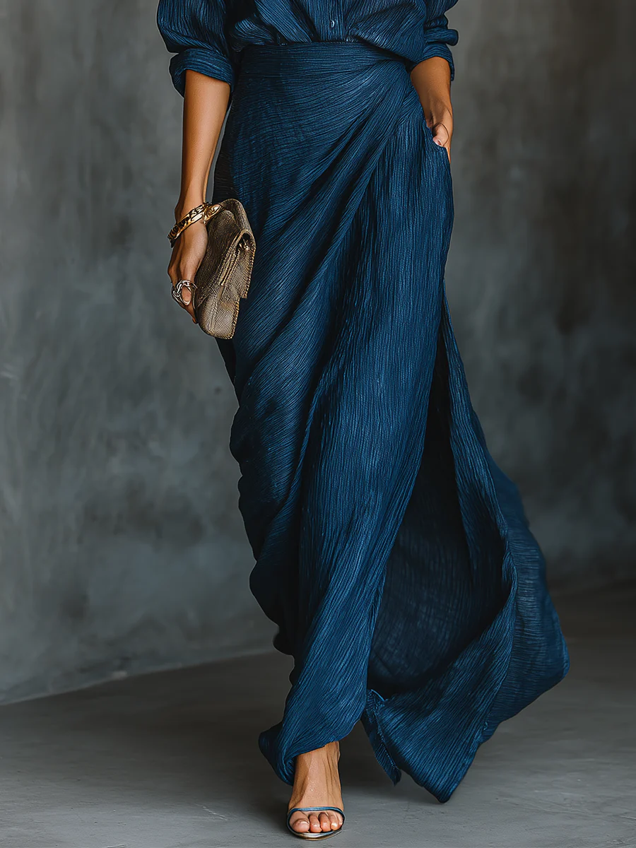 Belvenza | Camicia Elegante in Misto Blu con Gonna Lunga