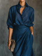 Belvenza | Camicia Elegante in Misto Blu con Gonna Lunga