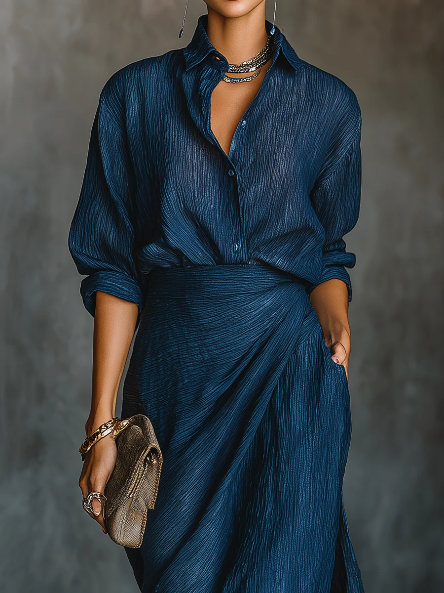 Belvenza | Camicia Elegante in Misto Blu con Gonna Lunga