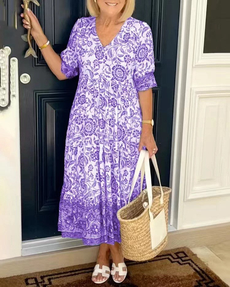 Belvenza | Vestito Elegante con Scollo a V e Motivo Floreale