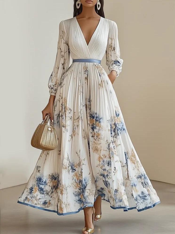 Belvenza | Vestito Maxy in Chiffon Bianco con Maniche a Palloncino