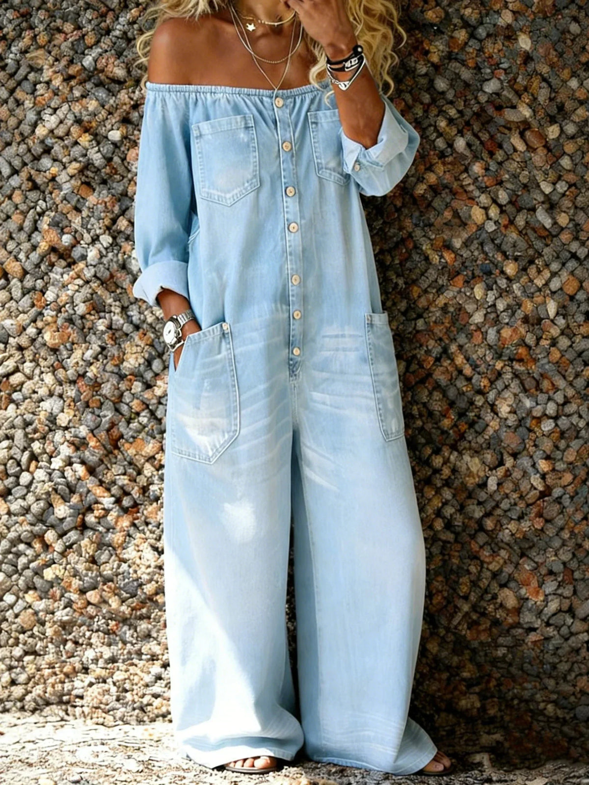 Belvenza | Tuta in Denim Off-Shoulder con Vestibilità Ampia