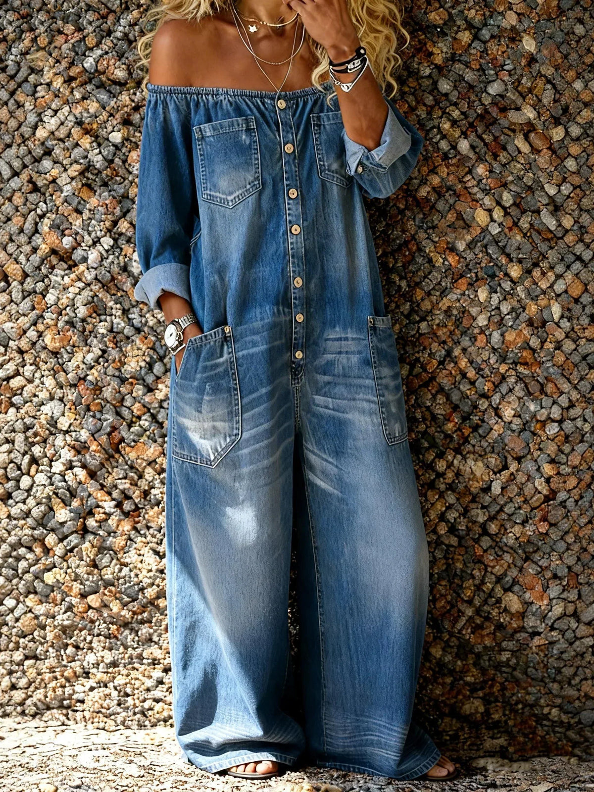 Belvenza | Tuta in Denim Off-Shoulder con Vestibilità Ampia