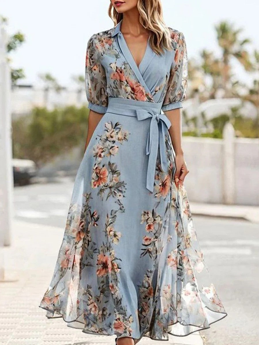 Belvenza | Abito Midi Blu con Scollo a V e Maniche Corte