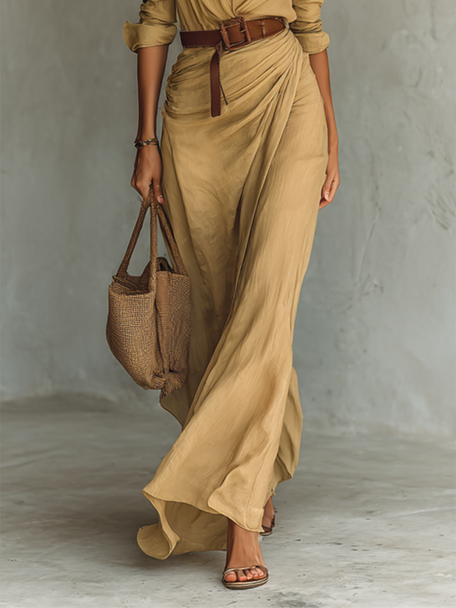 Belvenza | Maxi Abito con Collo a Revers e Maniche Lunghe