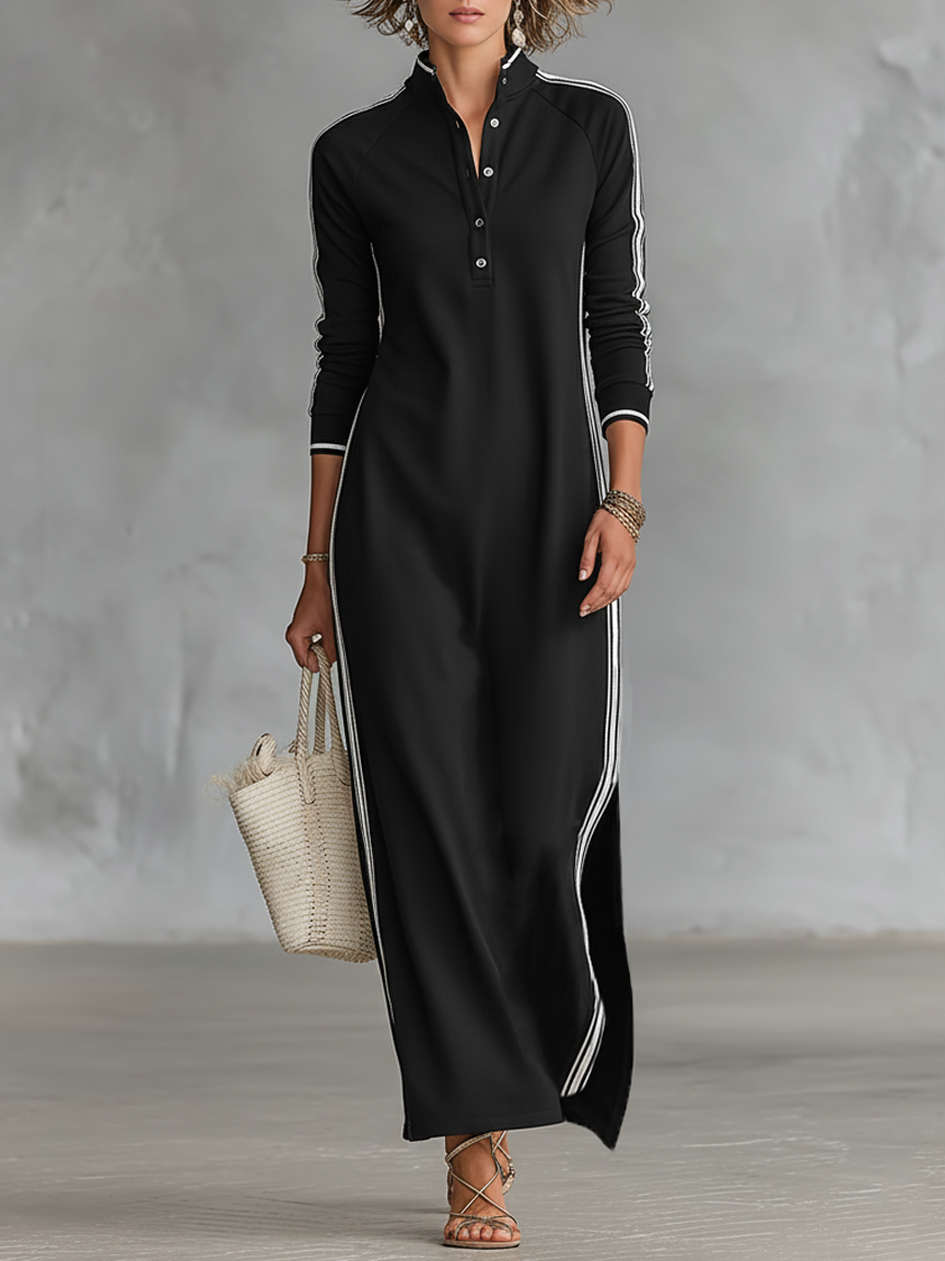 Belvenza | Abito Maxidress in Felpa Grigia con Collo a Bottone