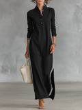Belvenza | Abito Maxidress in Felpa Grigia con Collo a Bottone