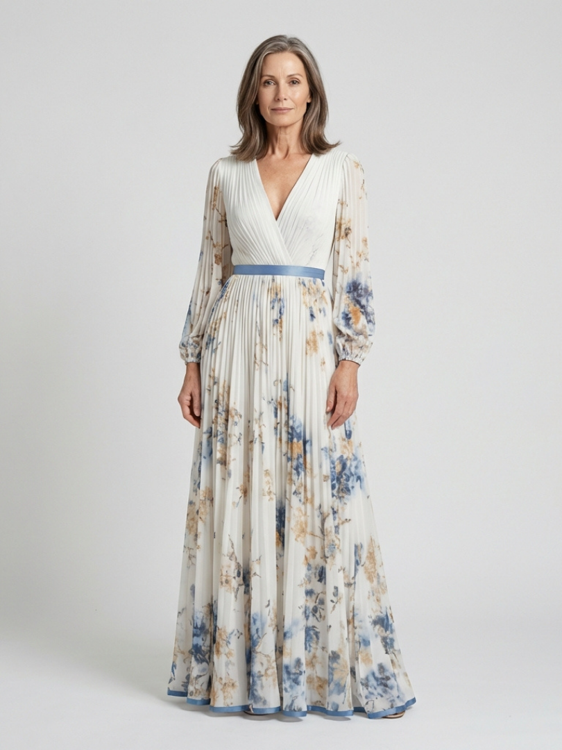 Belvenza | Maxidress Floreale con Maniche Lunghe e Scollo a V
