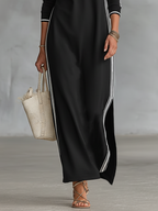 Belvenza | Abito Maxidress in Felpa Grigia con Collo a Bottone