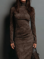 Belvenza | Abito Midi in Suede con Maniche Lunghe