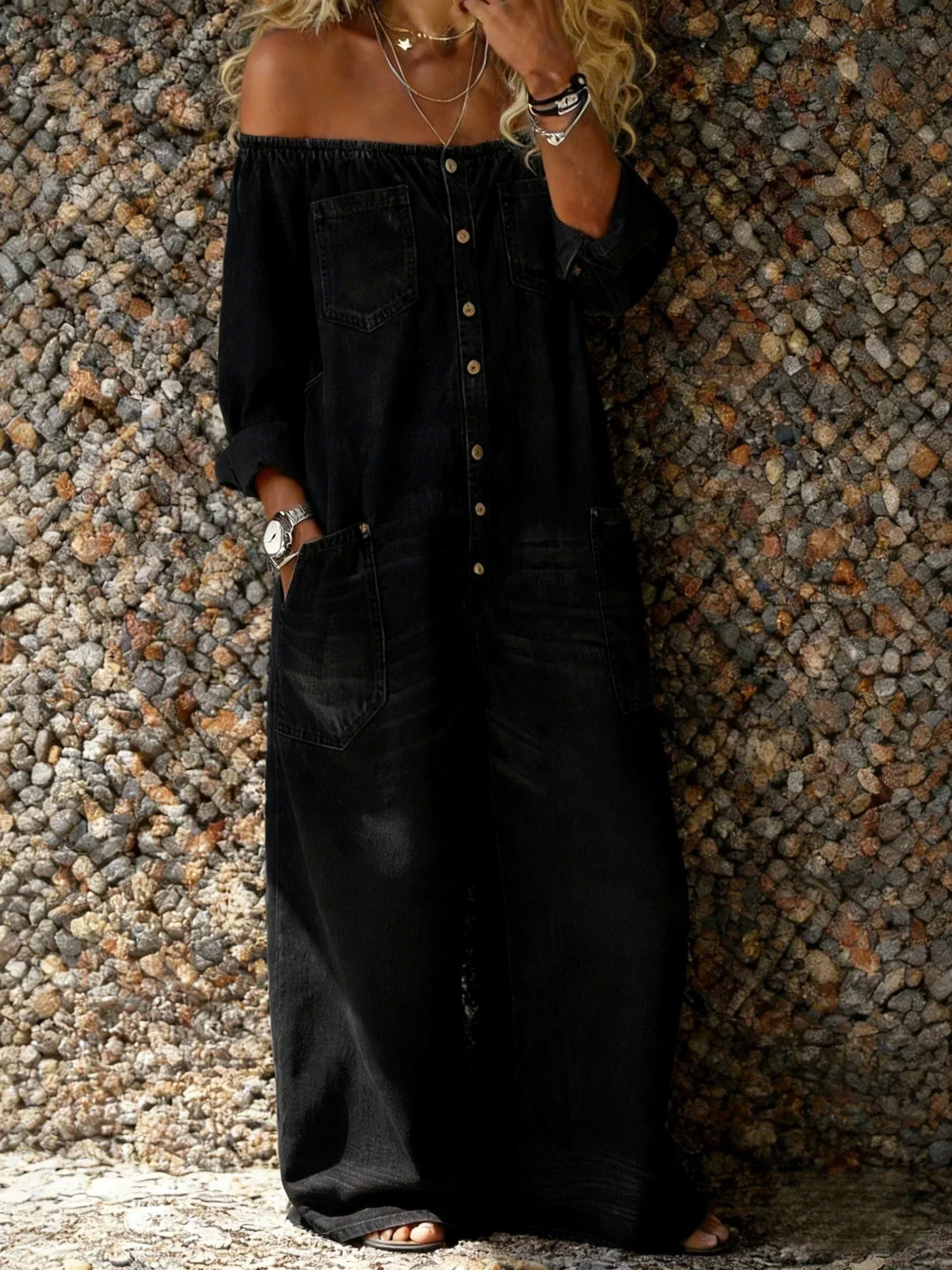 Belvenza | Tuta in Denim Off-Shoulder con Vestibilità Ampia