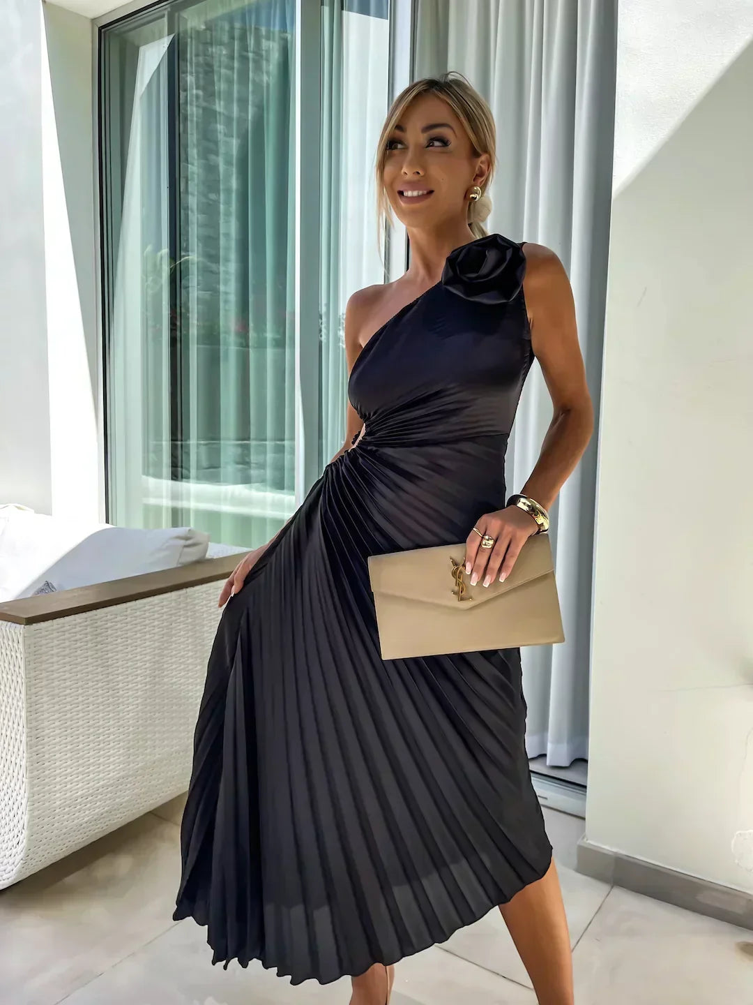 Belvenza | Maxi Abito Elegante con Motivo Floreale e Spallina